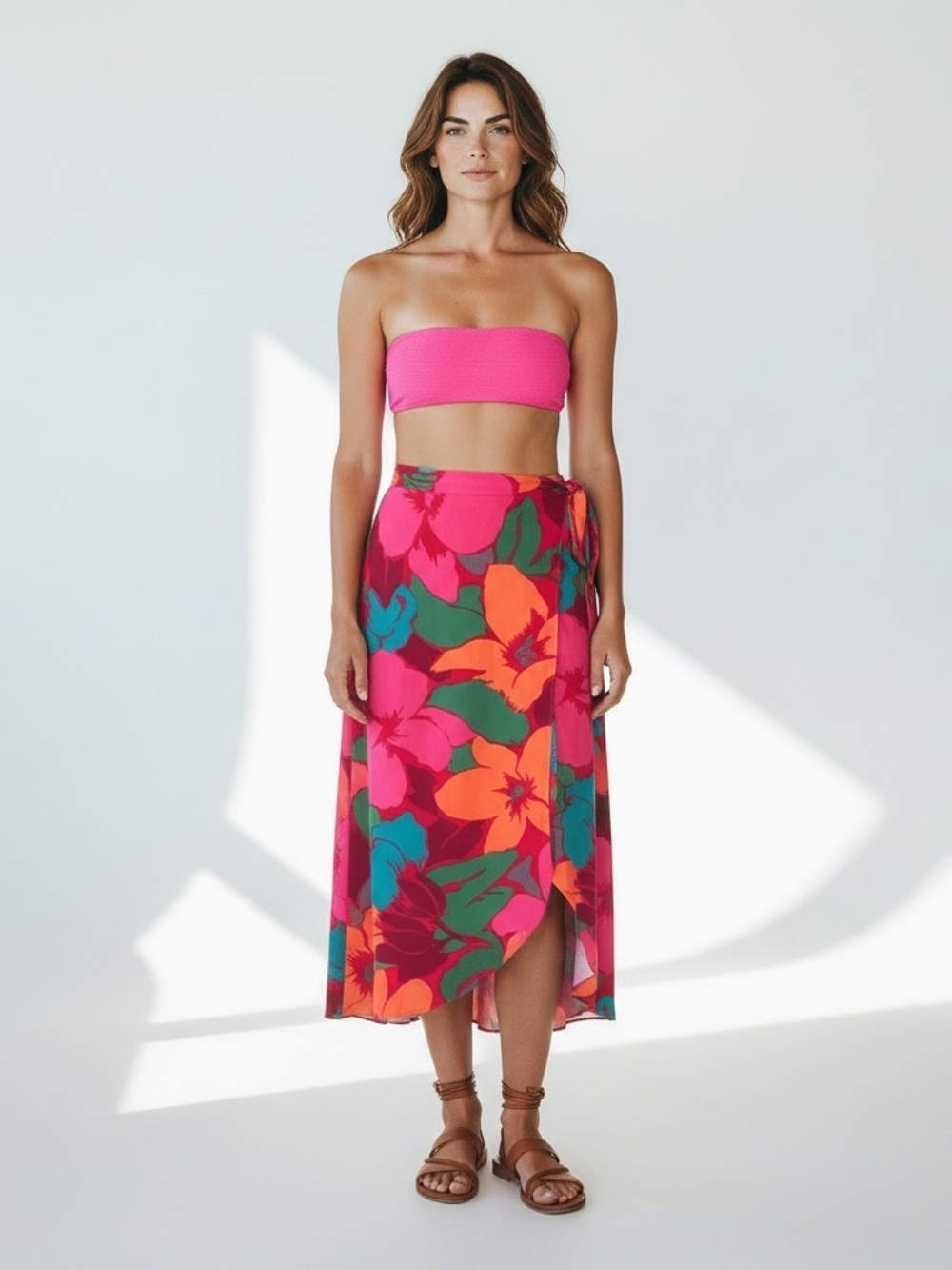 Salinos Wrap Skirt Pink Orange Green Multi Resort Wear Cover Up Hibiscus